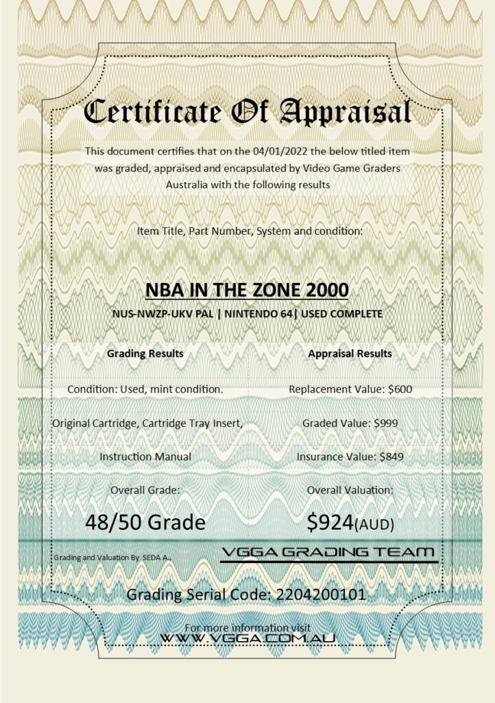 Certificate NBA IN THE ZONE 2000