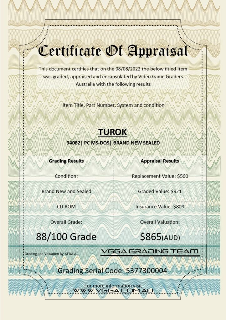 Certificate TUROK DINOSAUR HUNTER