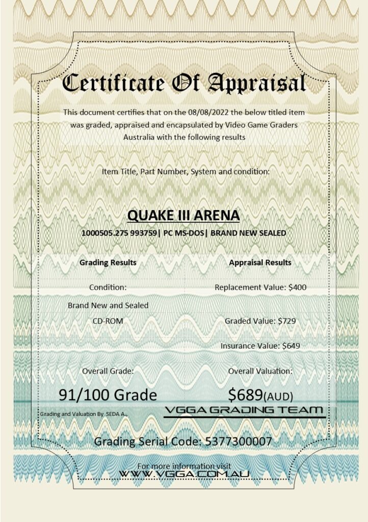 Certificate quake 3 arena